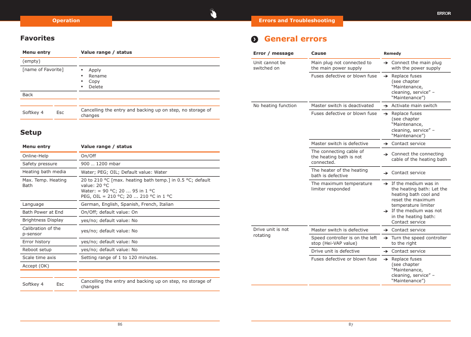General errors, Favorites, Setup | Heidolph Hei-VAP Precision User Manual | Page 44 / 59