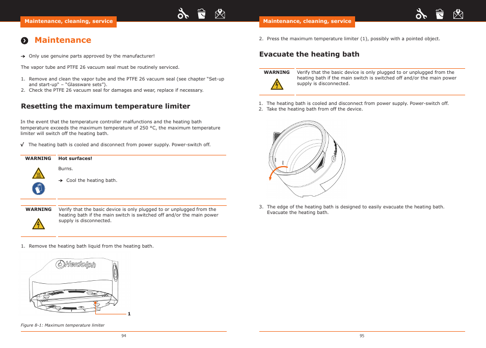 Maintenance, Resetting the maximum temperature limiter, Evacuate the heating bath | Heidolph Hei-VAP Precision User Manual | Page 48 / 59