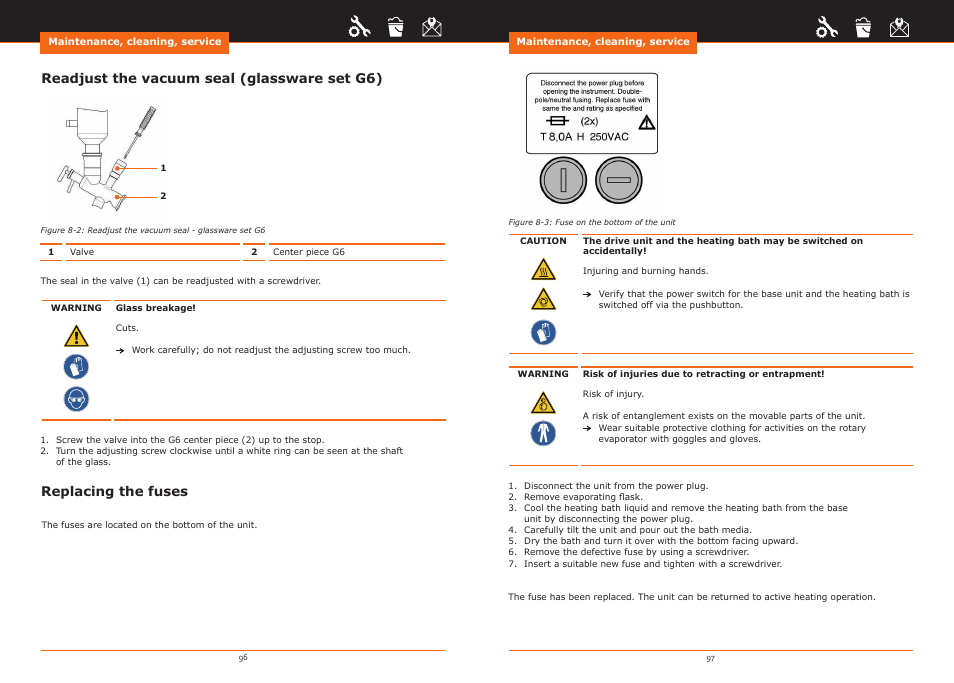 Replacing the fuses, Readjust the vacuum seal (glassware set g6) | Heidolph Hei-VAP Precision User Manual | Page 49 / 59
