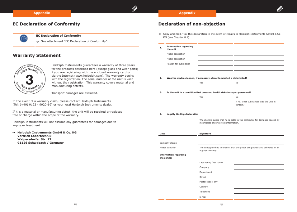 Ec declaration of conformity warranty statement, Declaration of non-objection | Heidolph Hei-VAP Precision User Manual | Page 58 / 59