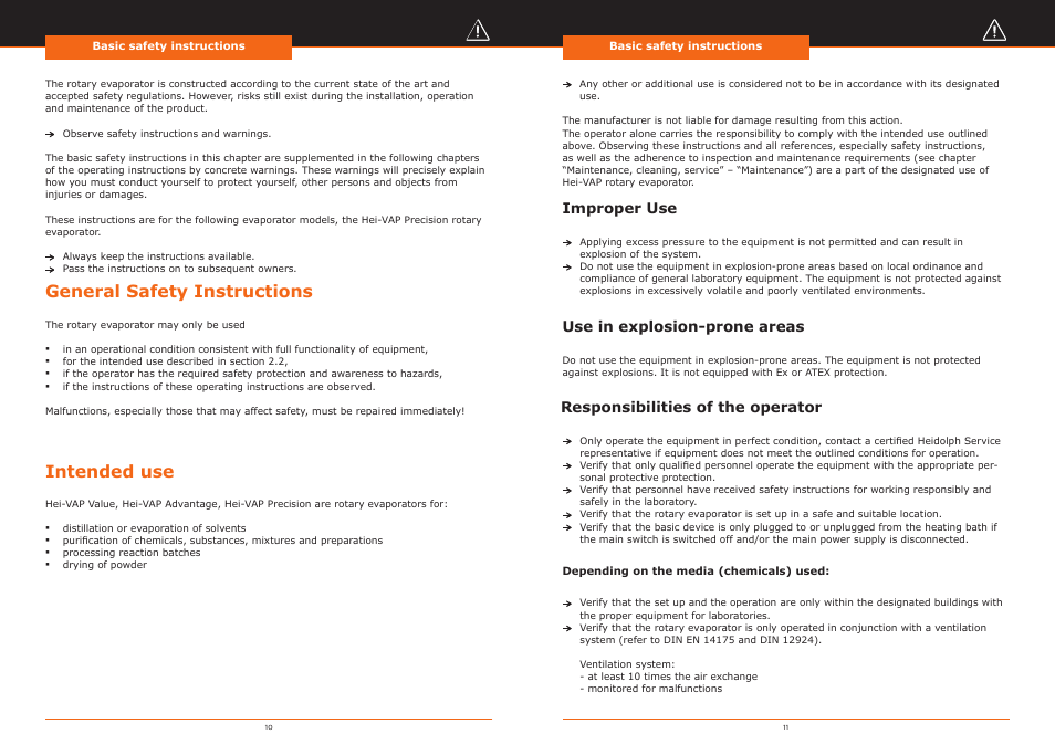 General safety instructions, Intended use, Improper use | Use in explosion-prone areas, Responsibilities of the operator | Heidolph Hei-VAP Precision User Manual | Page 6 / 59