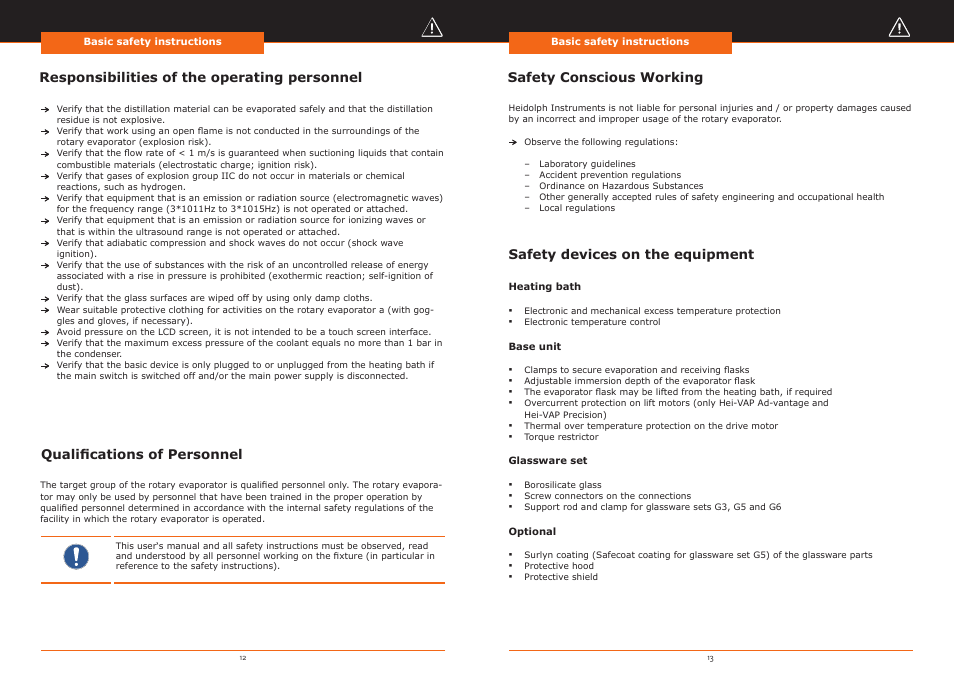 Responsibilities of the operating personnel, Qualifications of personnel, Safety conscious working | Safety devices on the equipment | Heidolph Hei-VAP Precision User Manual | Page 7 / 59