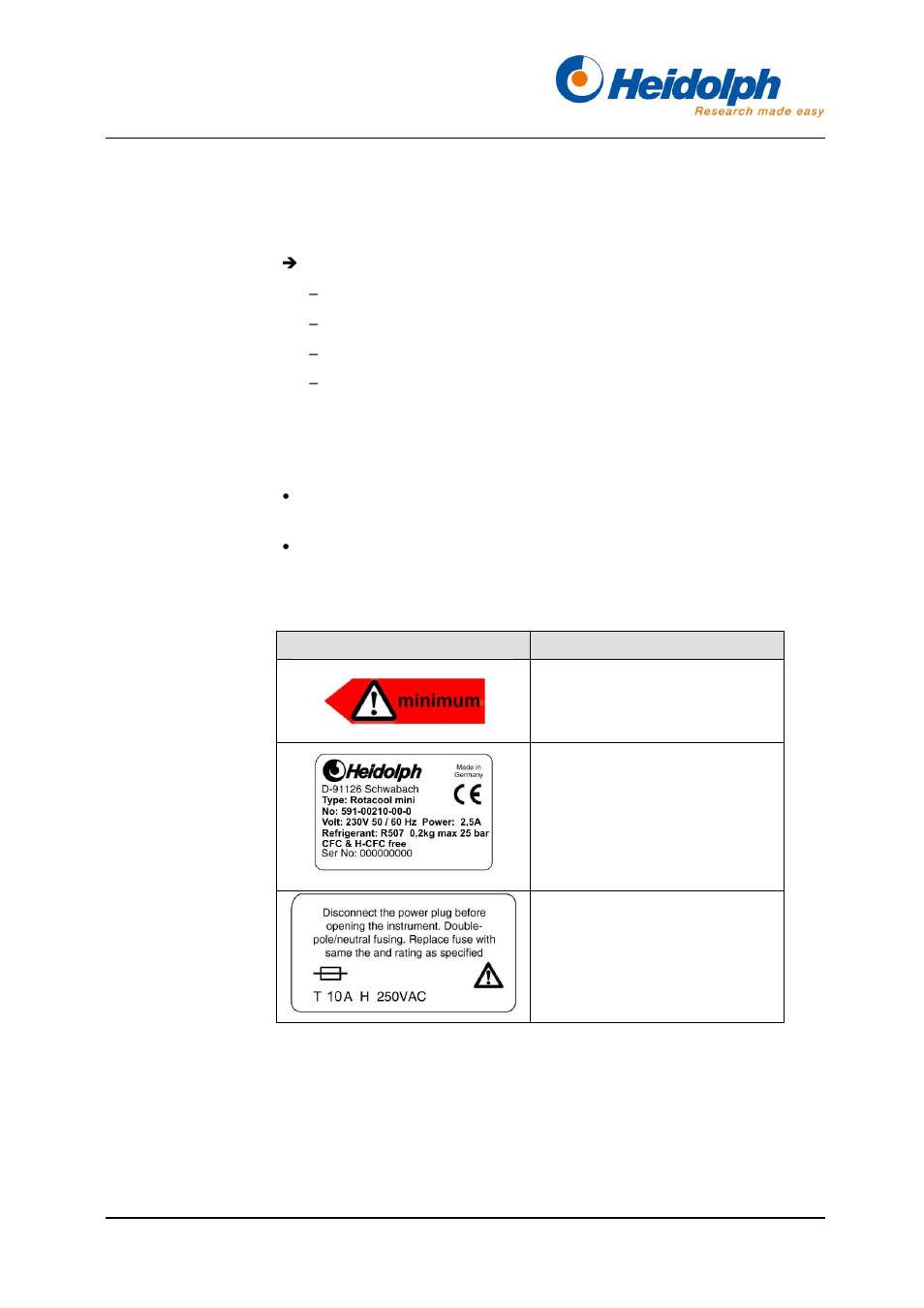 Trabajar con conciencia de la seguridad, Dispositivos de seguridad del equipo, Placas en el equipo | Descripción del equipo, 4 descripción del equipo, 8 trabajar con conciencia de la seguridad, 9 dispositivos de seguridad del equipo, 10 placas en el equipo | Heidolph Rotacool Mini User Manual | Page 68 / 104