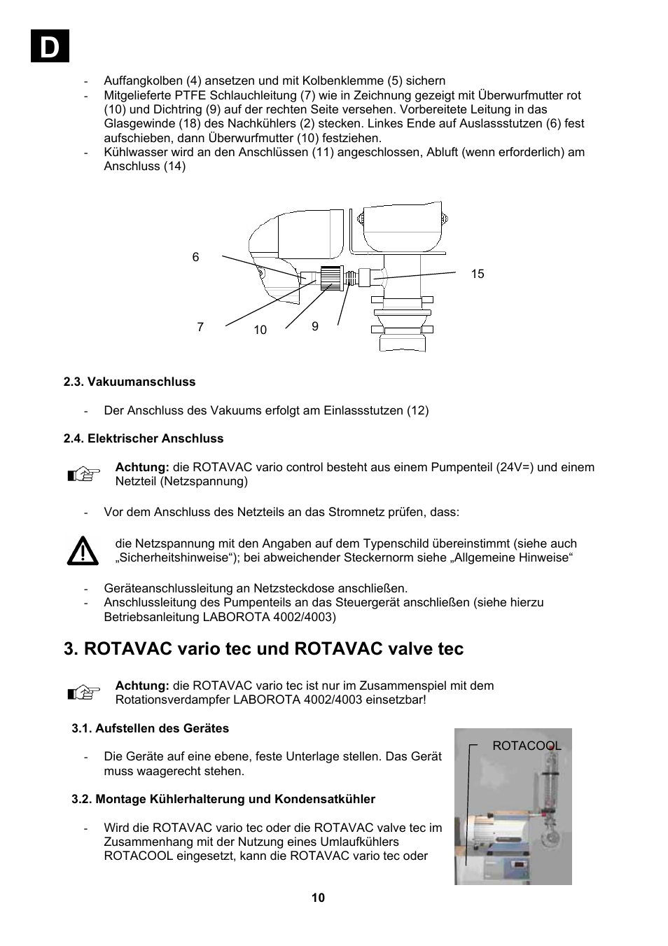 Vakuumanschluss, Elektrischer anschluss, Aufstellen des gerätes | Montage kühlerhalterung und kondensatkühler, Rotavac vario tec und rotavac valve tec | Heidolph Vacuum Switchbox User Manual | Page 10 / 188