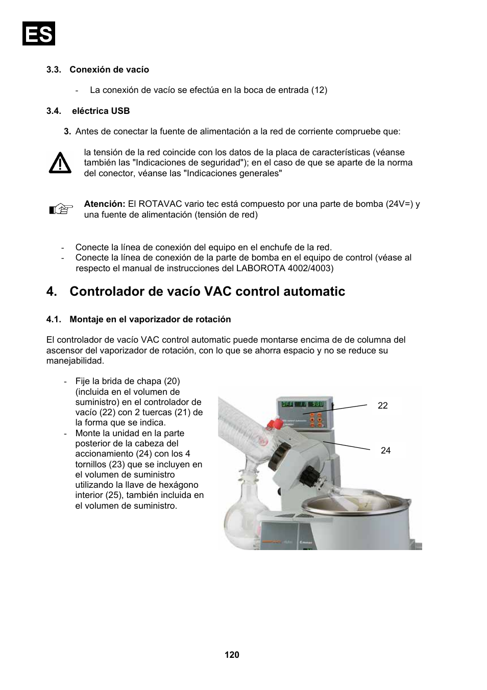 Conexión de vacío, Eléctrica usb, Montaje en el vaporizador de rotación | Controlador de vacío vac control automatic | Heidolph Vacuum Switchbox User Manual | Page 120 / 188