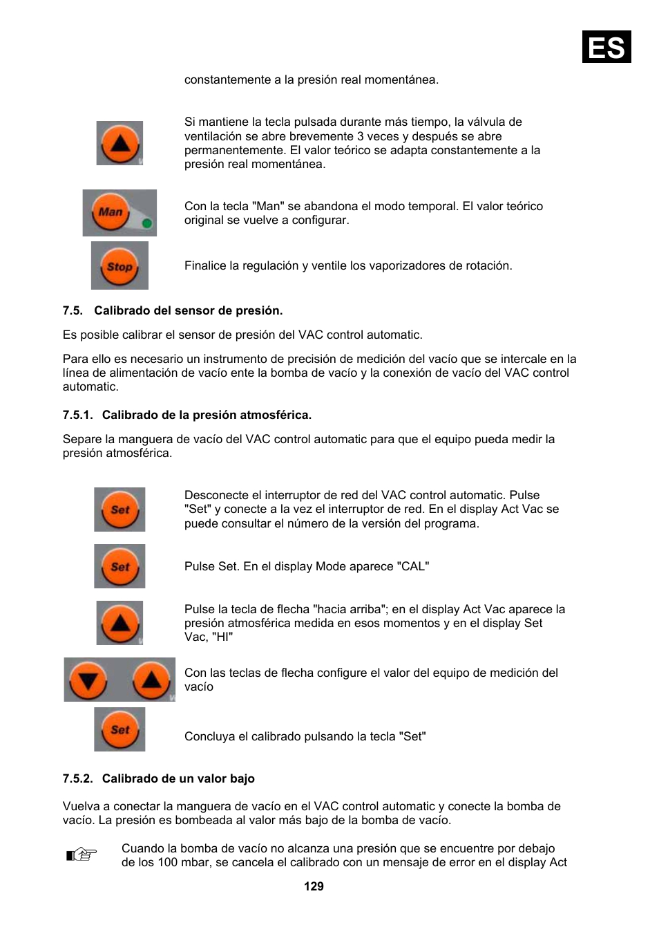 Calibrado del sensor de presión, Calibrado de la presión atmosférica, Calibrado de un valor bajo | Heidolph Vacuum Switchbox User Manual | Page 129 / 188