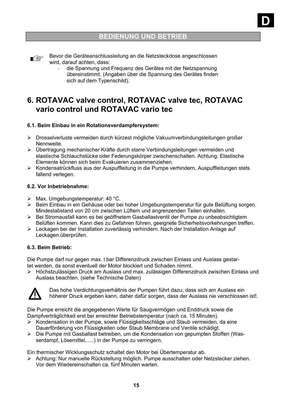 Beim einbau in ein rotationsverdampfersystem, Vor inbetriebnahme, Beim betrieb | Bedienung und betrieb | Heidolph Vacuum Switchbox User Manual | Page 15 / 188