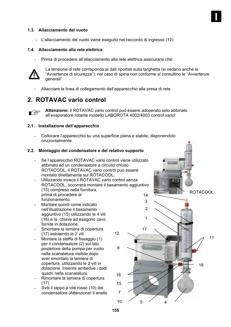 Allacciamento del vuoto, Allacciamento alla rete elettrica, Installazione dell’apparecchio | Montaggio del condensatore e del relativo supporto, Rotavac vario control | Heidolph Vacuum Switchbox User Manual | Page 155 / 188