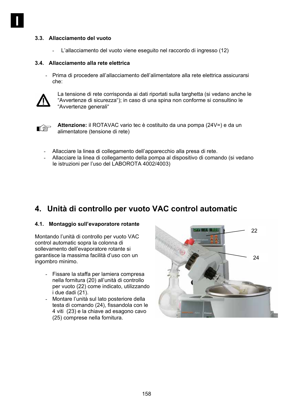 Allacciamento del vuoto, Allacciamento alla rete elettrica, Montaggio sull’evaporatore rotante | Unità di controllo per vuoto vac control automatic | Heidolph Vacuum Switchbox User Manual | Page 158 / 188