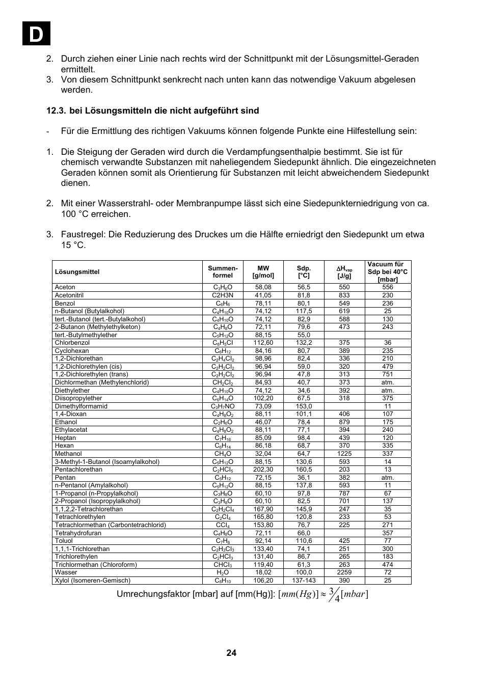 Bei lösungsmitteln die nicht aufgeführt sind, Vacuum für, 4 3 )] ( [ mbar hg mm | Umrechungsfaktor [mbar] auf [mm(hg) | Heidolph Vacuum Switchbox User Manual | Page 24 / 188