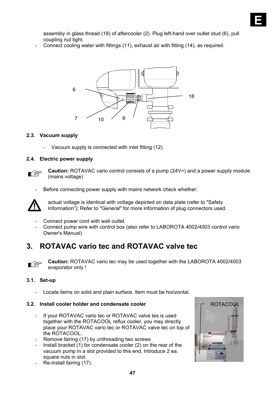 Vacuum supply, Electric power supply, Set-up | Install cooler holder and condensate cooler, Rotavac vario tec and rotavac valve tec | Heidolph Vacuum Switchbox User Manual | Page 47 / 188