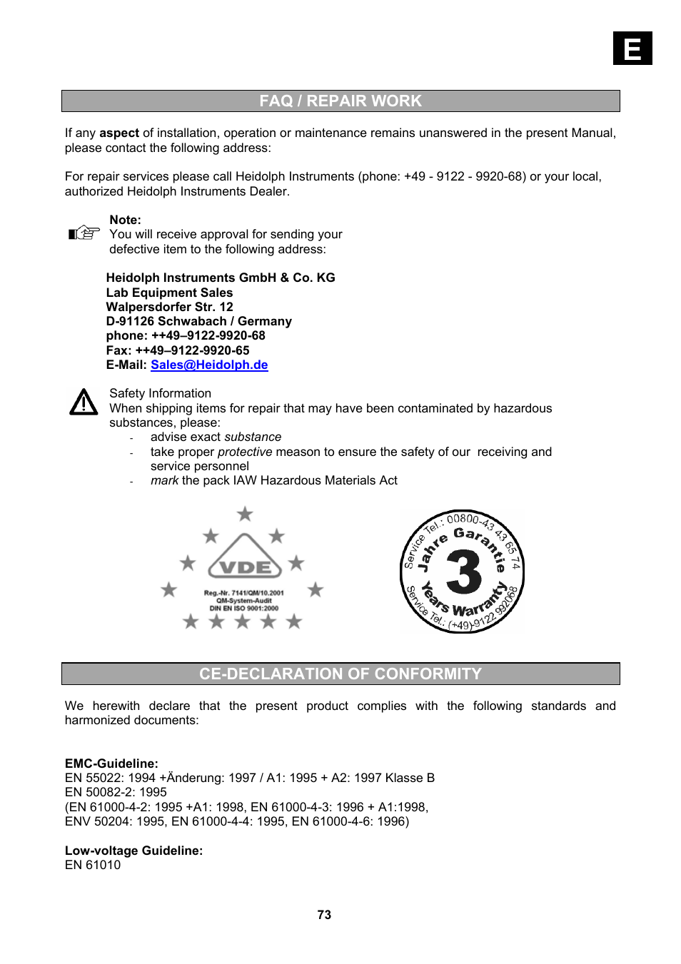 Faq / repair work, Ce-declaration of conformity | Heidolph Vacuum Switchbox User Manual | Page 73 / 188