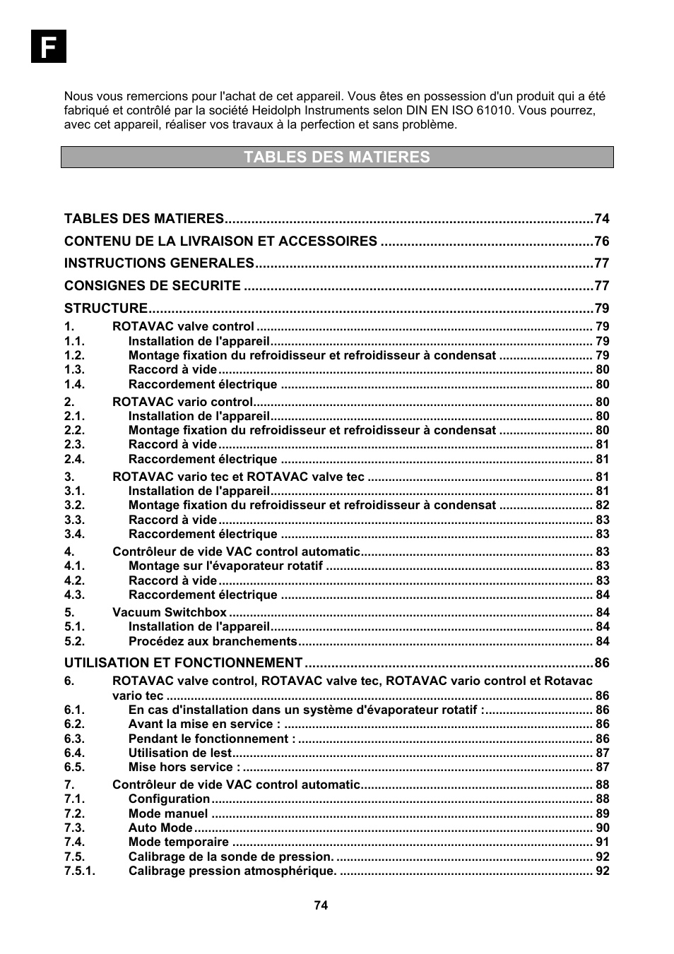 Tables des matieres | Heidolph Vacuum Switchbox User Manual | Page 74 / 188