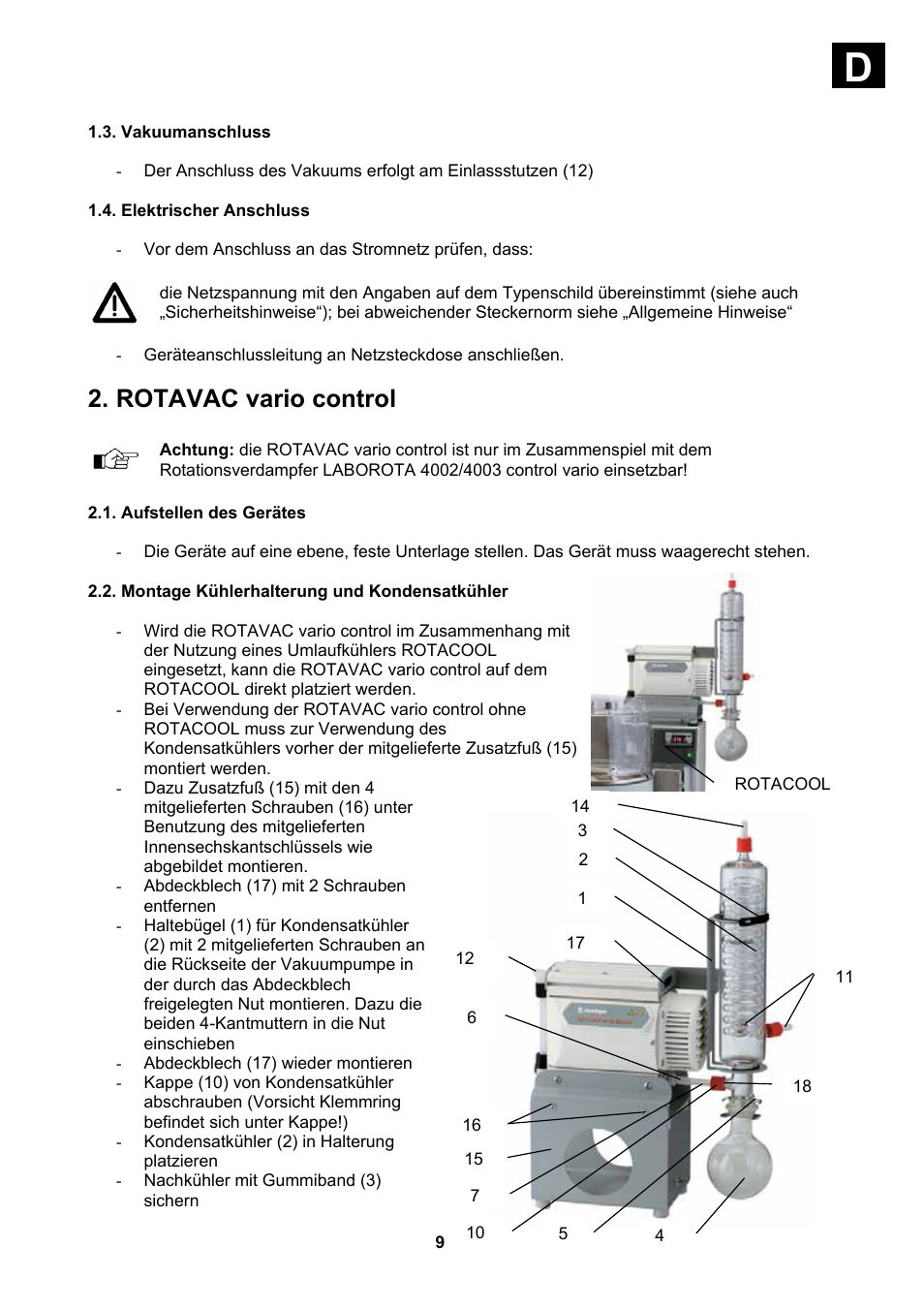 Vakuumanschluss, Elektrischer anschluss, Aufstellen des gerätes | Montage kühlerhalterung und kondensatkühler, Rotavac vario control | Heidolph Vacuum Switchbox User Manual | Page 9 / 188