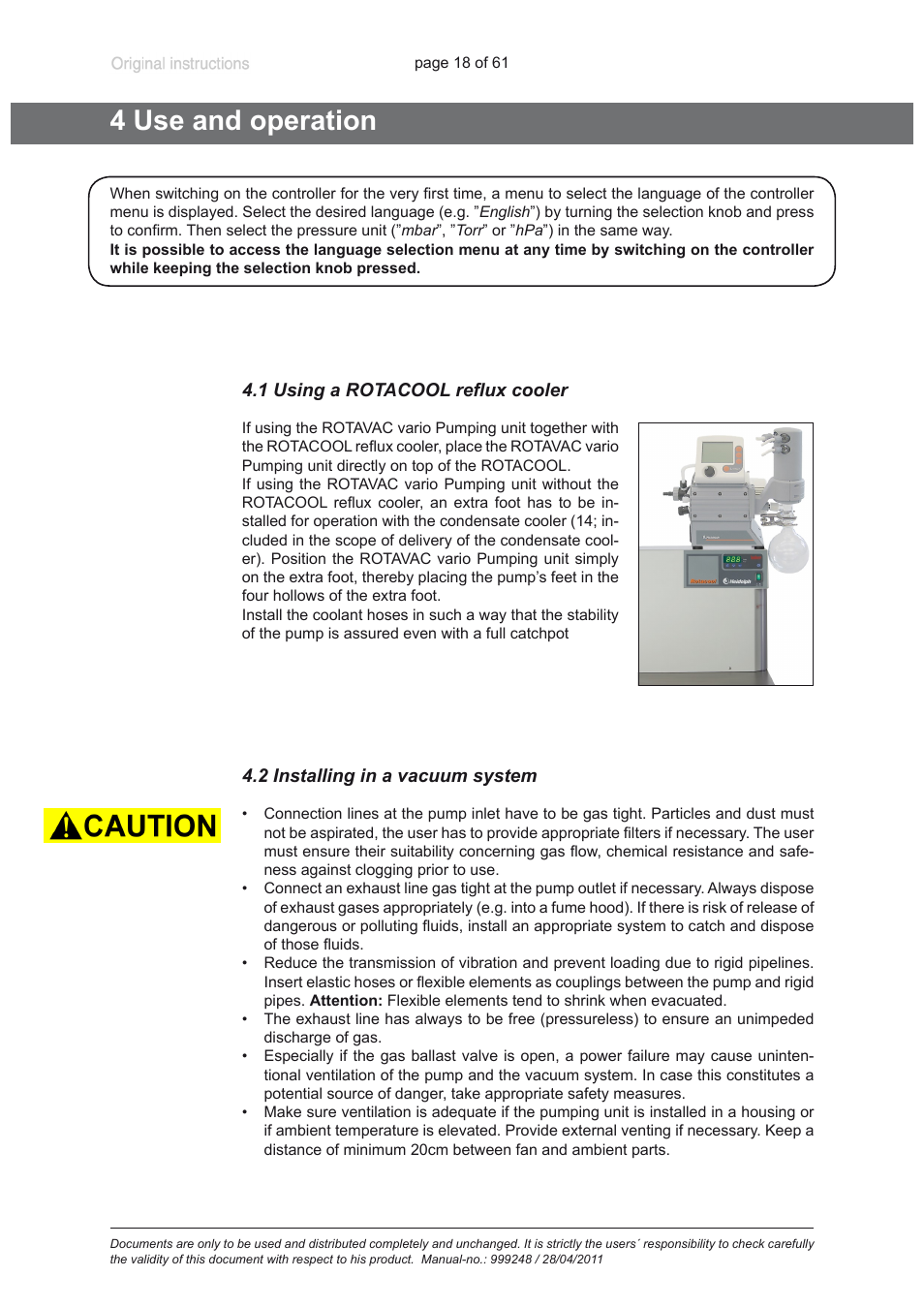 4 use and operation, 1 using a rotacool reflux cooler, 2 installing in a vacuum system | Heidolph ROTAVAC Vario pumping unit User Manual | Page 18 / 61