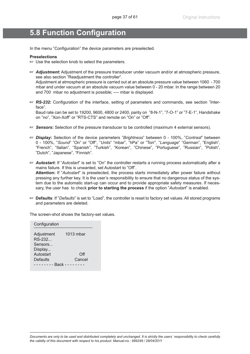 8 function configuration | Heidolph ROTAVAC Vario pumping unit User Manual | Page 37 / 61