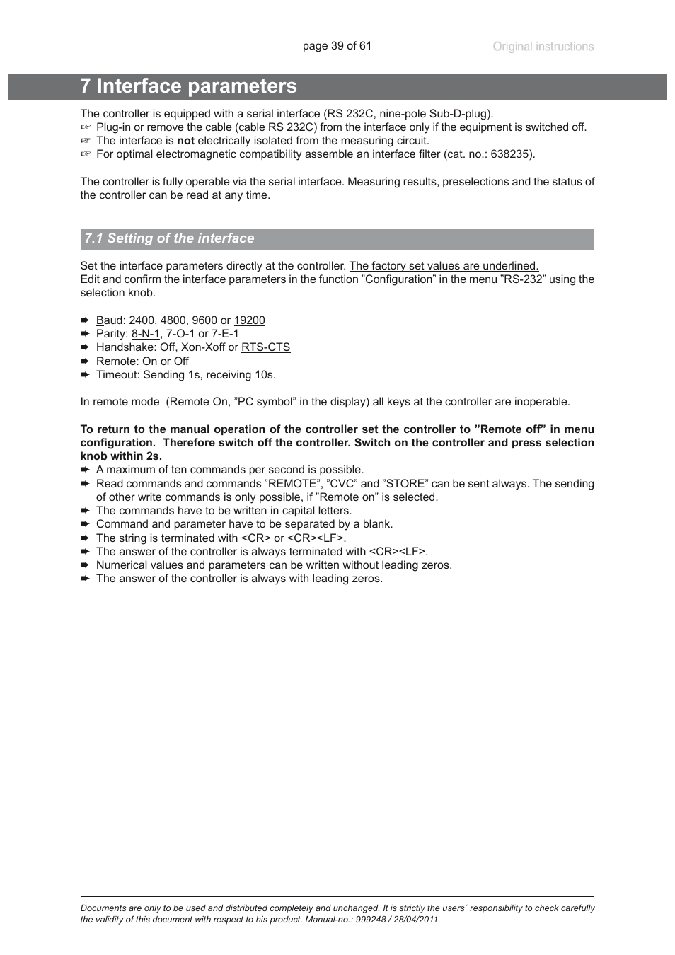 7 interface parameters, 1 setting of the interface | Heidolph ROTAVAC Vario pumping unit User Manual | Page 39 / 61