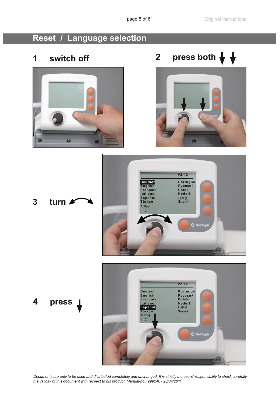 Reset / language selection | Heidolph ROTAVAC Vario pumping unit User Manual | Page 5 / 61