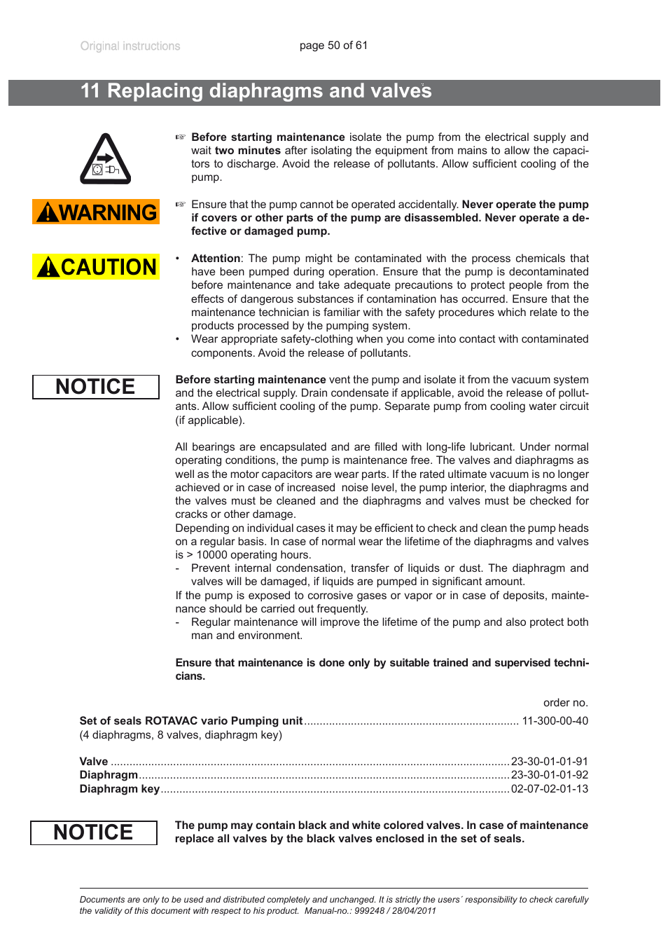 11 replacing diaphragms and valves, Notice | Heidolph ROTAVAC Vario pumping unit User Manual | Page 50 / 61