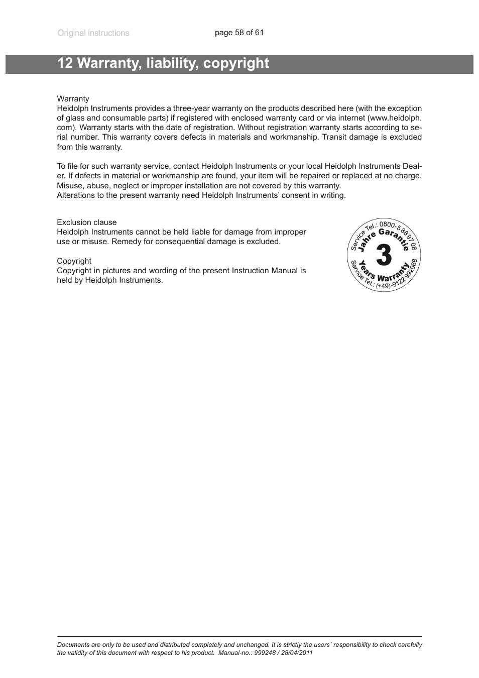 12 warranty, liability, copyright | Heidolph ROTAVAC Vario pumping unit User Manual | Page 58 / 61