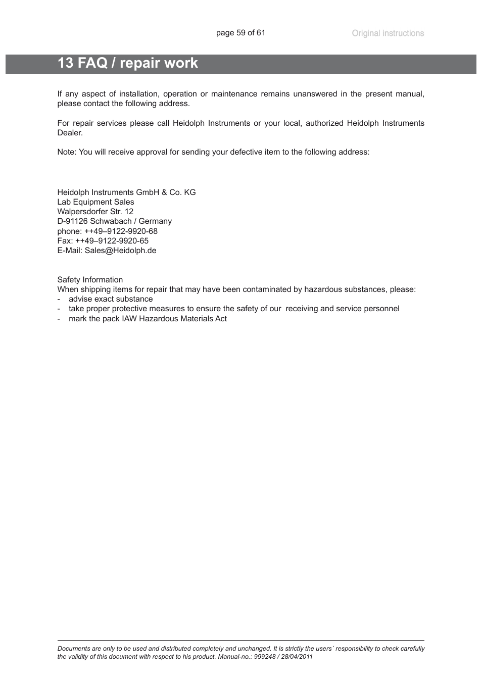 13 faq / repair work | Heidolph ROTAVAC Vario pumping unit User Manual | Page 59 / 61