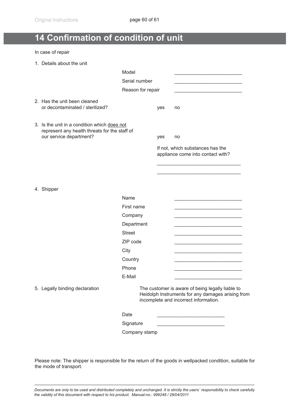 14 confirmation of condition of unit | Heidolph ROTAVAC Vario pumping unit User Manual | Page 60 / 61