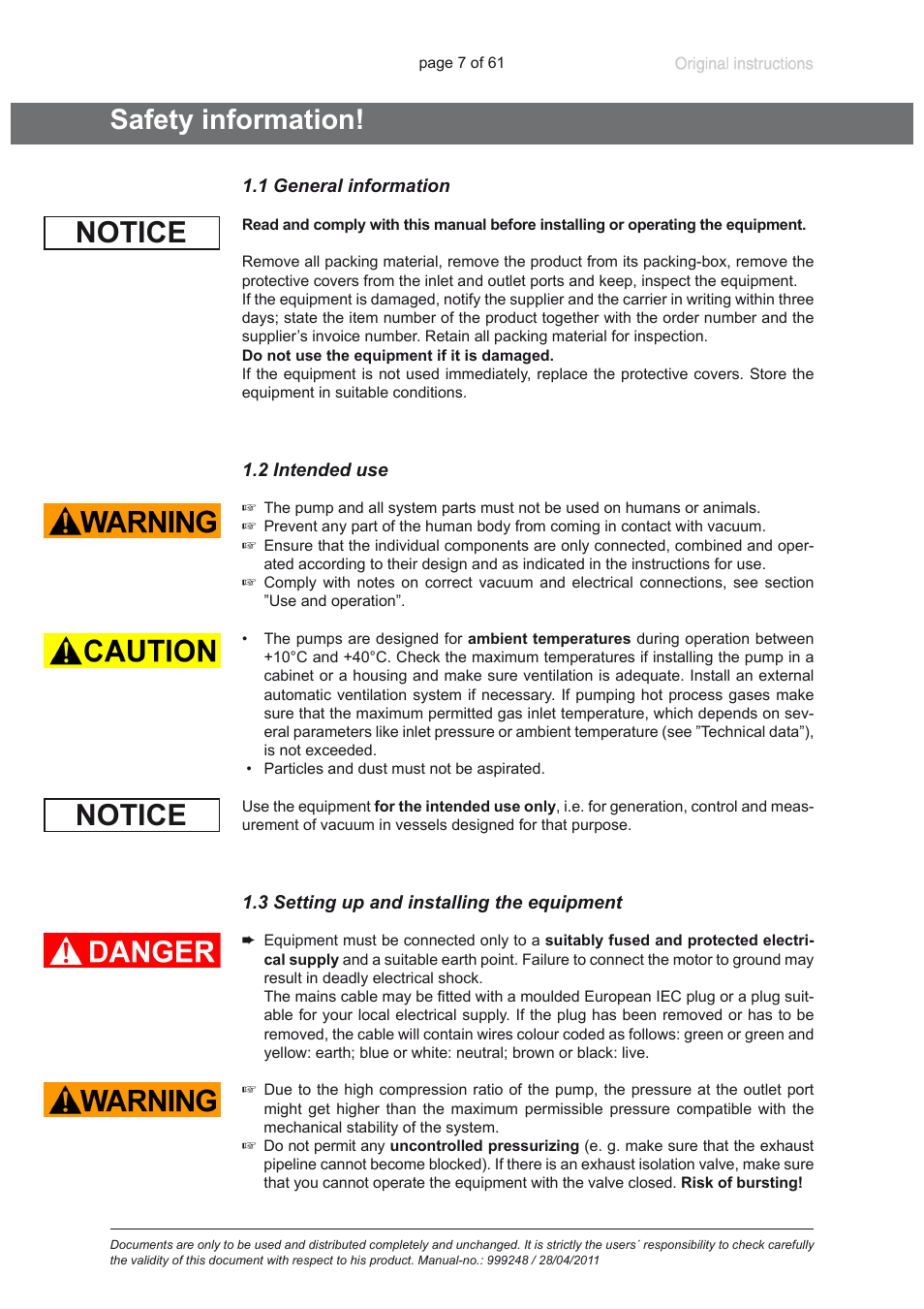 Safety information, 1 general information, 2 intended use | 3 setting up and installing the equipment, Notice | Heidolph ROTAVAC Vario pumping unit User Manual | Page 7 / 61