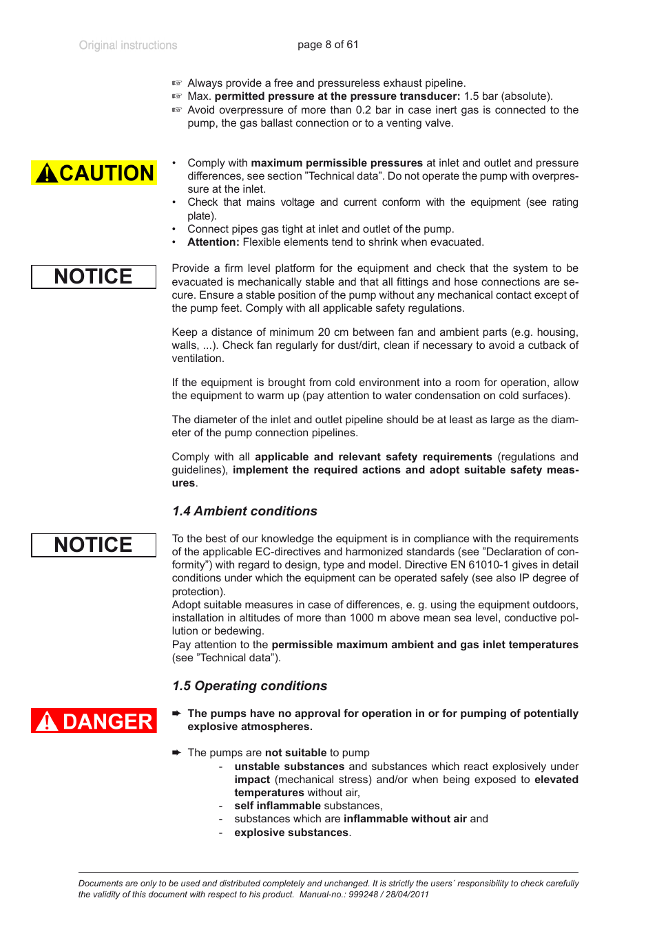 4 ambient conditions, 5 operating conditions, Notice | Heidolph ROTAVAC Vario pumping unit User Manual | Page 8 / 61