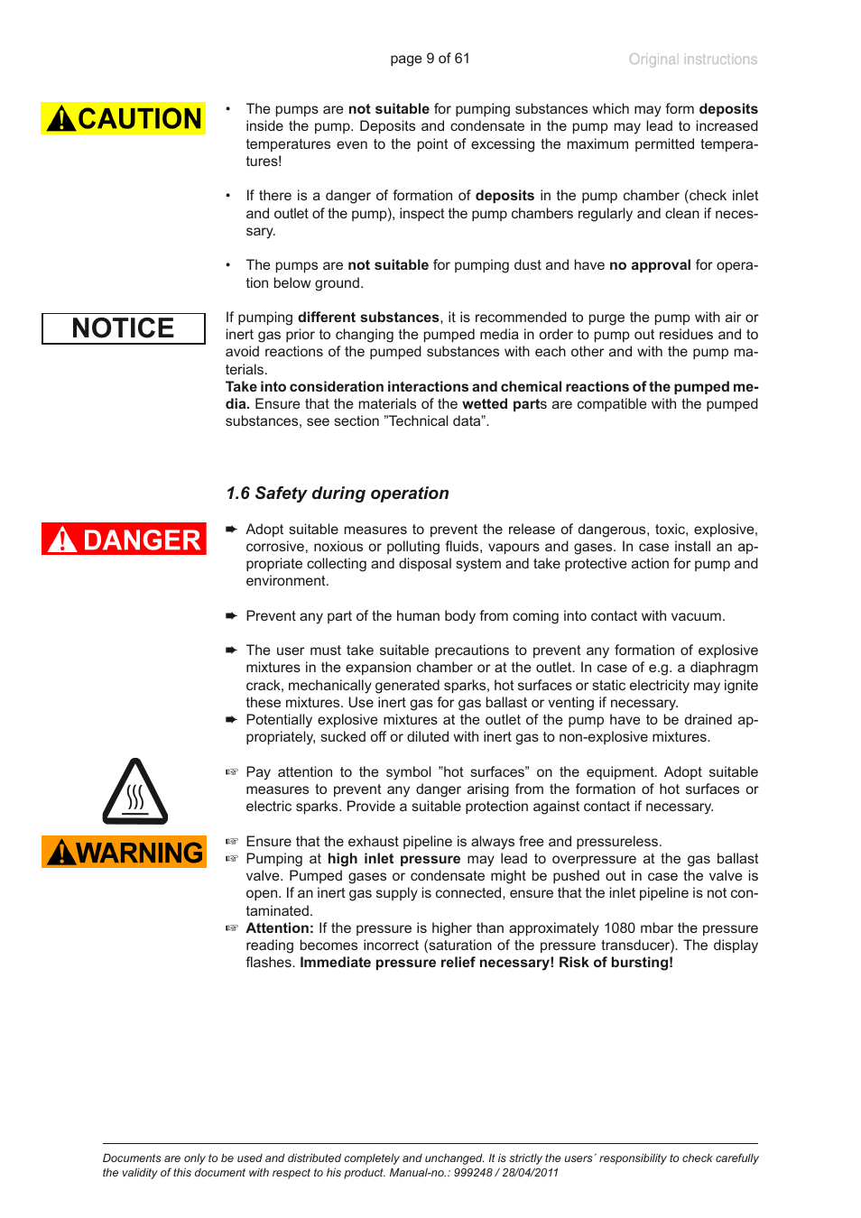 6 safety during operation, Notice | Heidolph ROTAVAC Vario pumping unit User Manual | Page 9 / 61