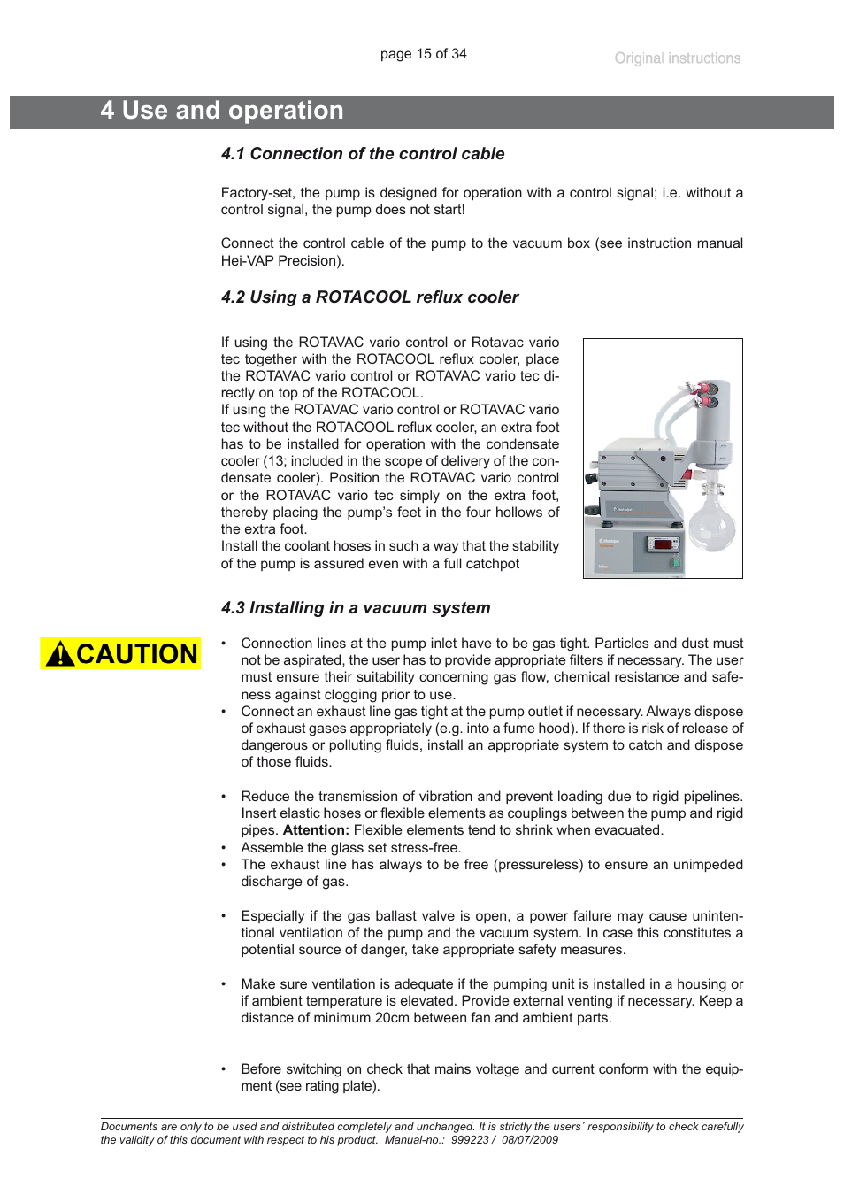 4 use and operation, 1 connection of the control cable, 2 using a rotacool reflux cooler | 3 installing in a vacuum system | Heidolph ROTAVAC vario control User Manual | Page 15 / 34