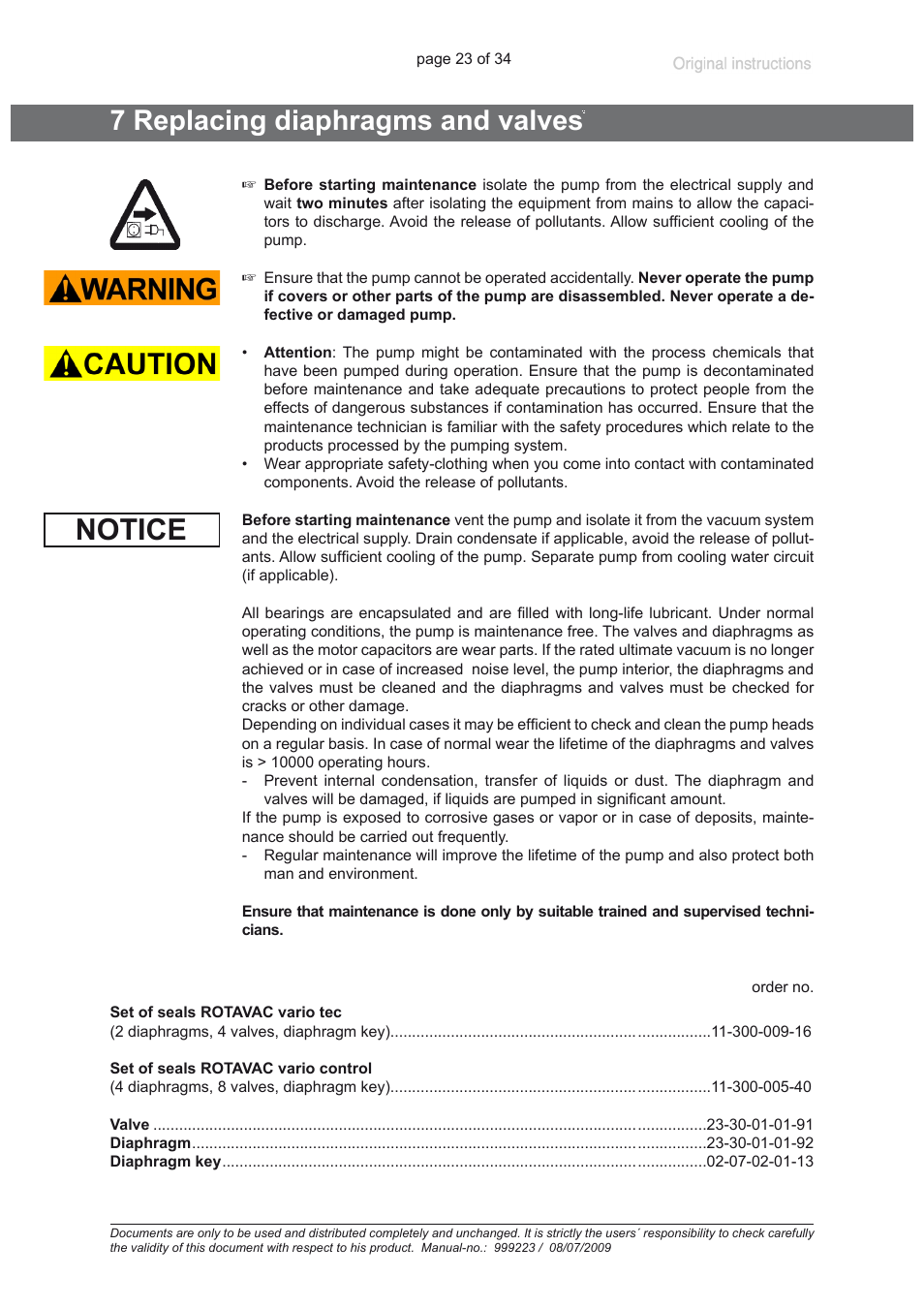 7 replacing diaphragms and valves, Notice | Heidolph ROTAVAC vario control User Manual | Page 23 / 34
