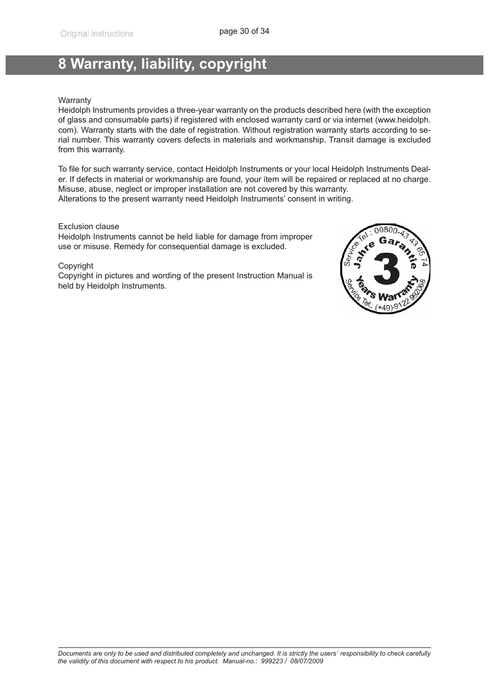 8 warranty, liability, copyright | Heidolph ROTAVAC vario control User Manual | Page 30 / 34