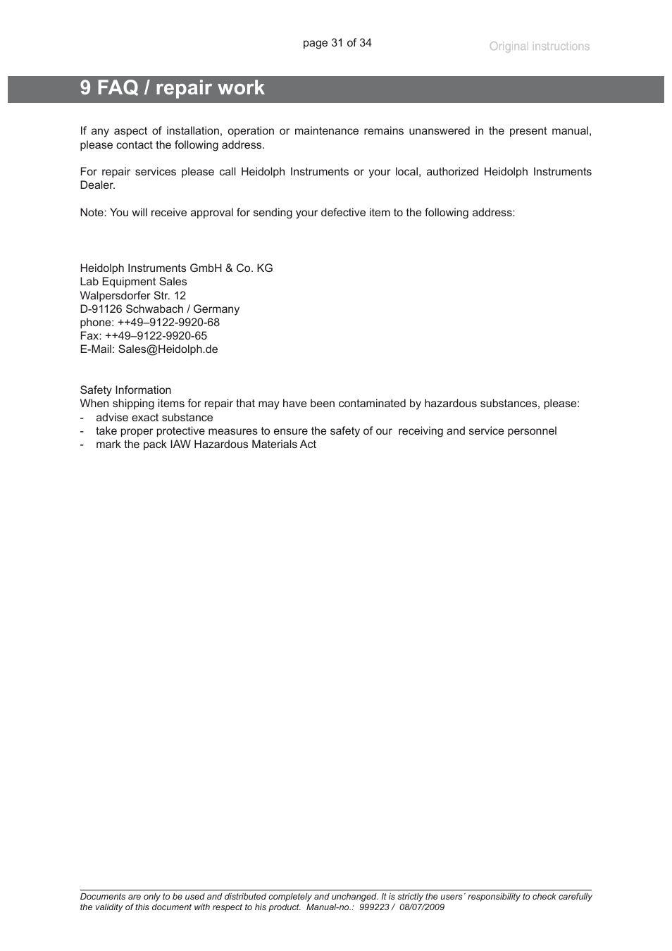 9 faq / repair work | Heidolph ROTAVAC vario control User Manual | Page 31 / 34
