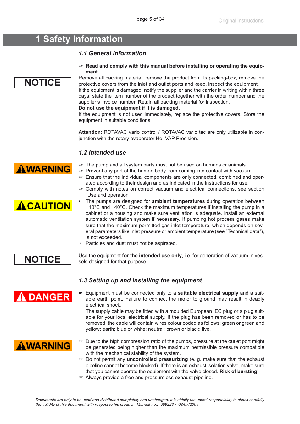 1 safety information, 1 general information, 2 intended use | 3 setting up and installing the equipment, Notice | Heidolph ROTAVAC vario control User Manual | Page 5 / 34