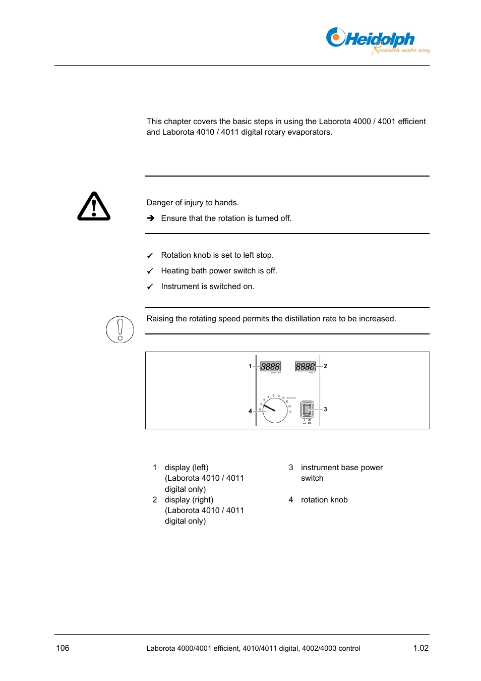 1 setting the rotating speed, Setting the rotating speed | Heidolph LABOROTA 4000 up to 4003 User Manual | Page 108 / 364