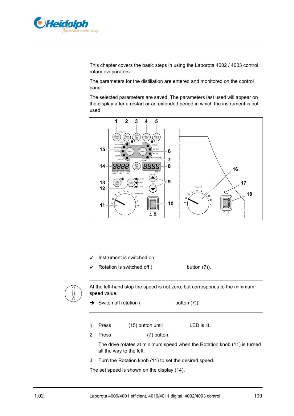 6 using the laborota 4002 / 4003 control, 1 setting the rotating speed, Using the laborota 4002 / 4003 control | Setting the rotating speed | Heidolph LABOROTA 4000 up to 4003 User Manual | Page 111 / 364
