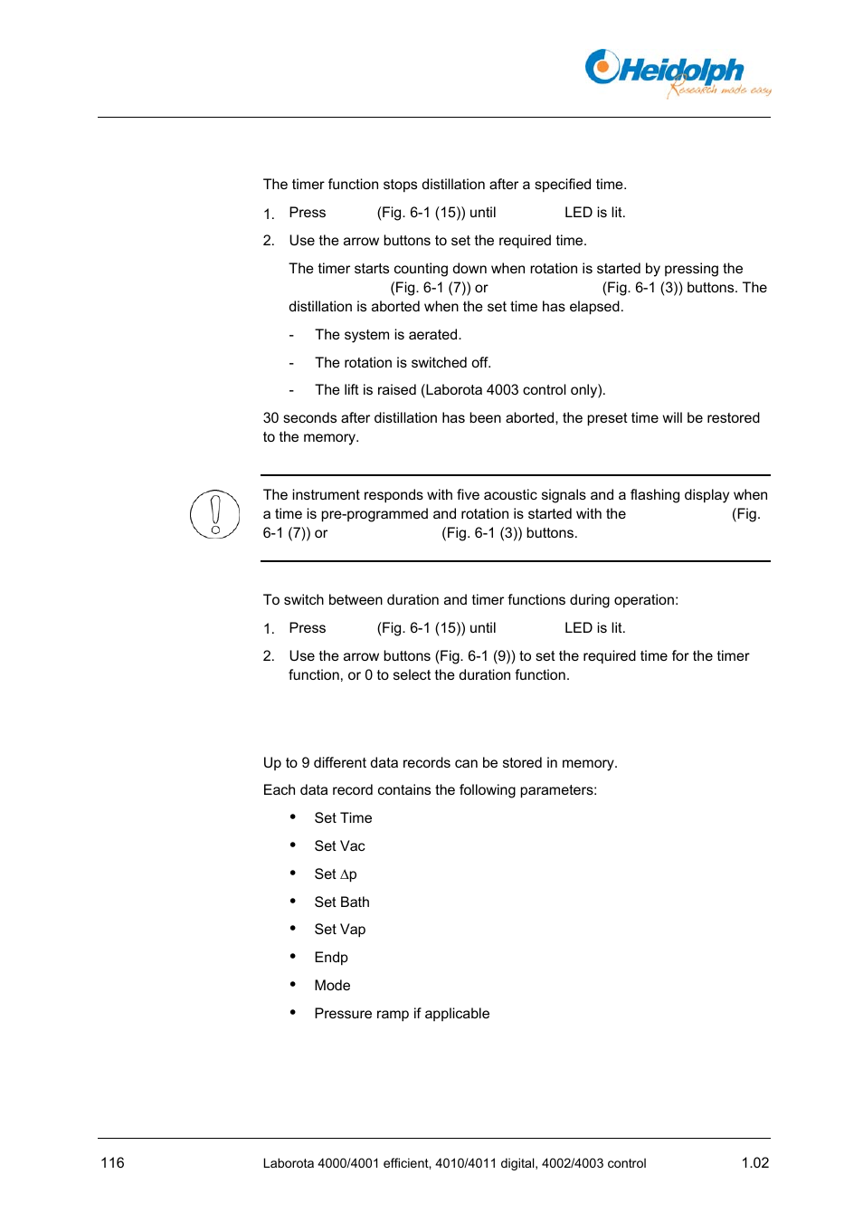 2 timer, 6 managing distillation parameters, 6 managing | Distillation parameters | Heidolph LABOROTA 4000 up to 4003 User Manual | Page 118 / 364