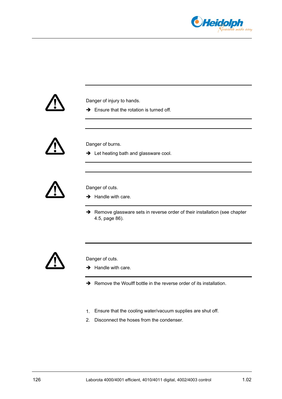 9 disassembly, storage, disposal, 1 disassembly, 1 removing glassware sets | 2 removing the woulff bottle, 3 disconnecting cooling water/vacuum, 9 disassembly, Storage, disposal, 1 removing, Glassware sets, 2 removing | Heidolph LABOROTA 4000 up to 4003 User Manual | Page 128 / 364