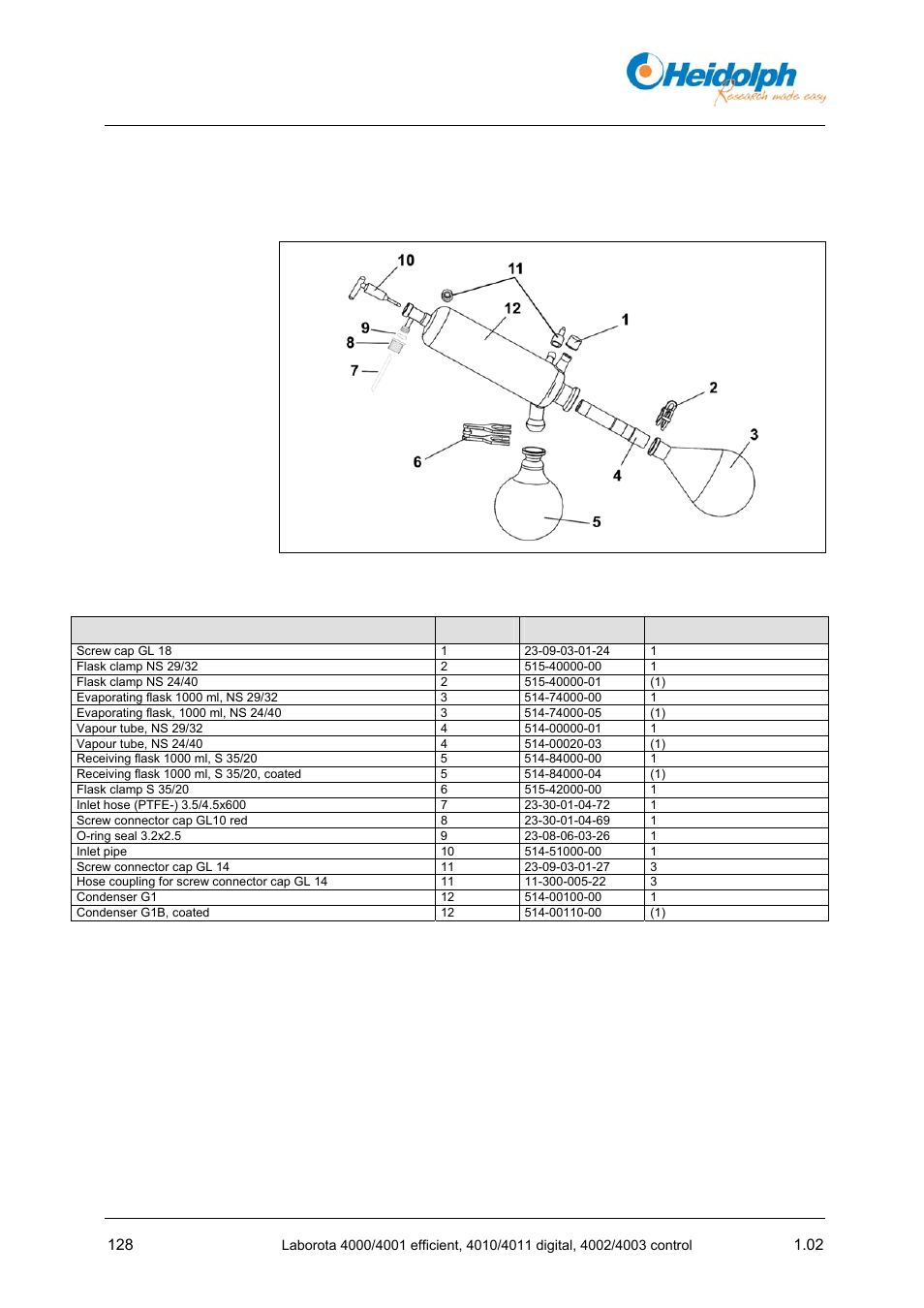 10 accessories, spare parts, 1 glass parts, 10 accessories | Spare parts, 1 glass, Parts, Accessories, spare parts | Heidolph LABOROTA 4000 up to 4003 User Manual | Page 130 / 364