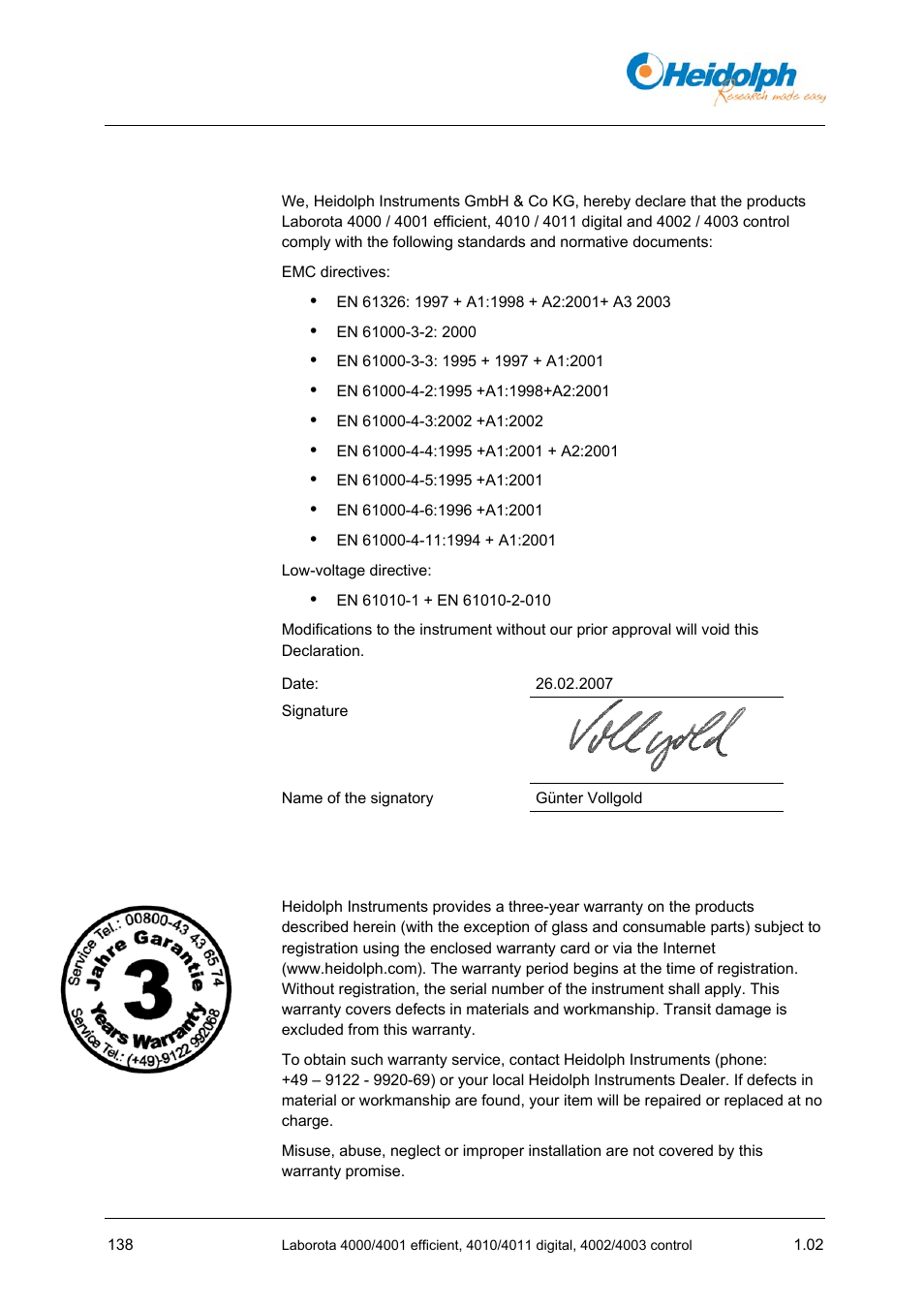 4 eu declaration of conformity, 5 warranty | Heidolph LABOROTA 4000 up to 4003 User Manual | Page 140 / 364