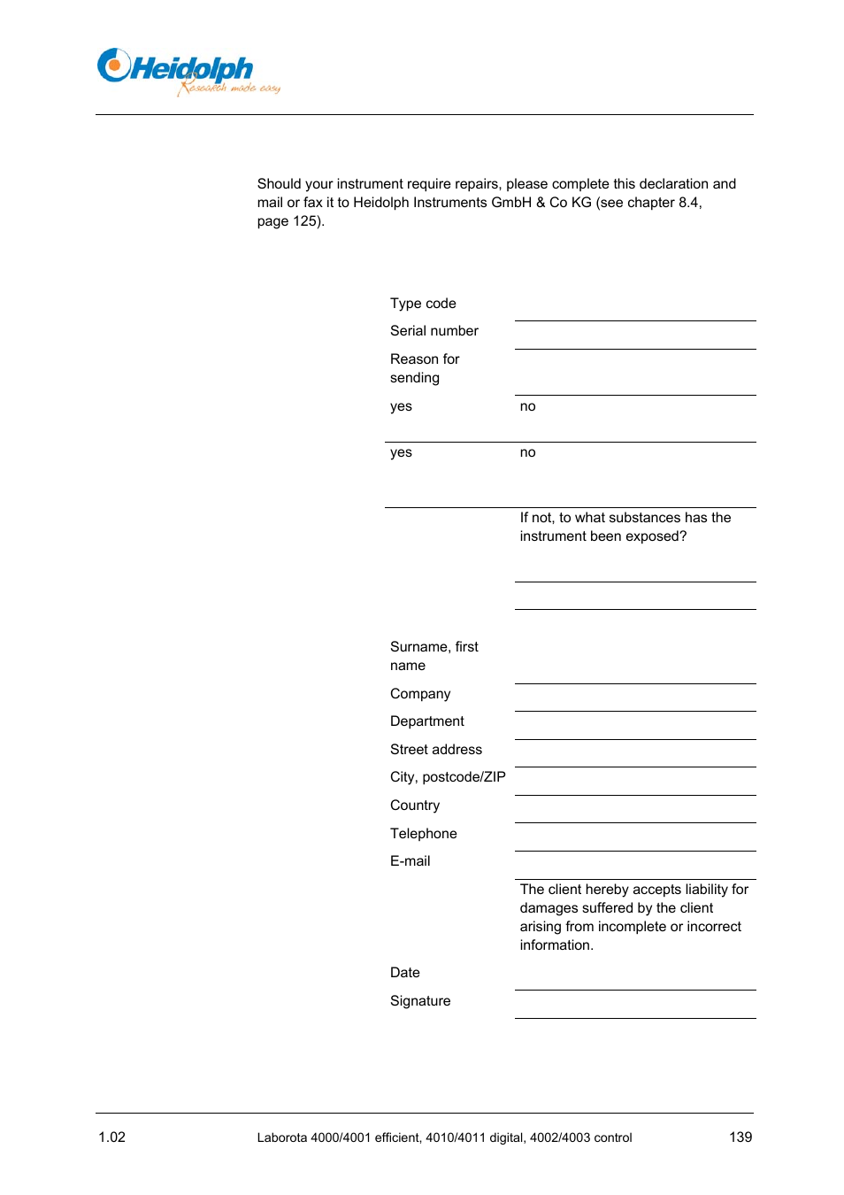 6 declaration on absence of hazards, 6 declaration, Absence of hazards | Heidolph LABOROTA 4000 up to 4003 User Manual | Page 141 / 364