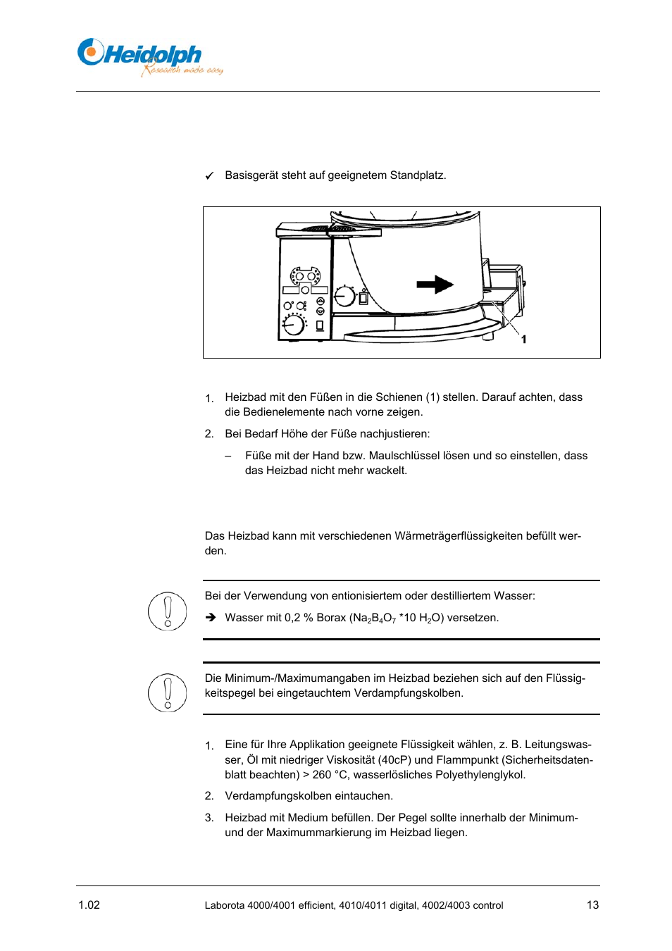 4 inbetriebnahme, 1 heizbad einsetzen, 2 heizbad befüllen | 1 heizbad, Einsetzen | Heidolph LABOROTA 4000 up to 4003 User Manual | Page 15 / 364