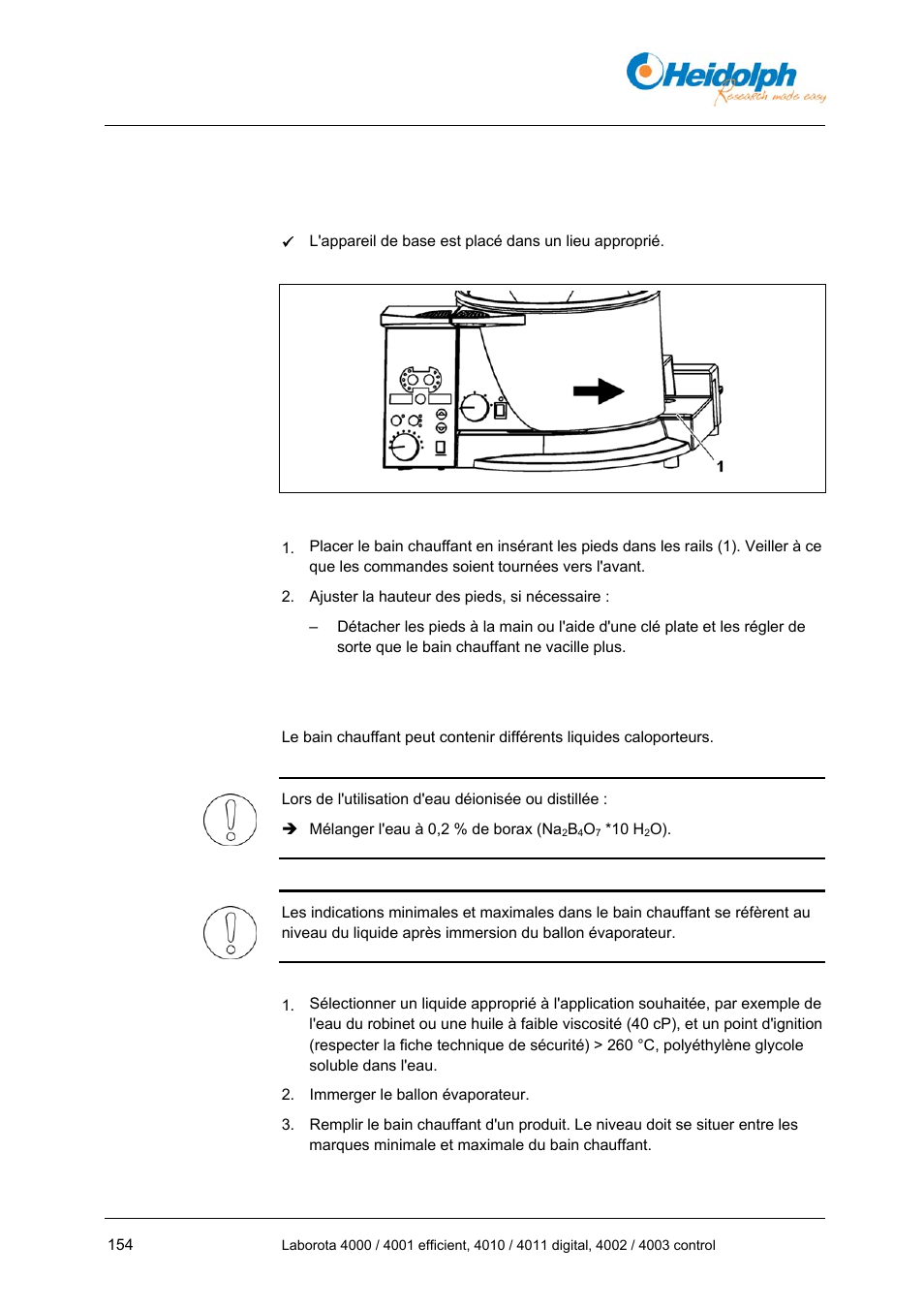 4 mise en service, 1 insertion du bain chauffant, 2 remplissage du bain chauffant | 4 mise, Service, 1 insertion, Bain chauffant, 2 remplissage, Du bain chauffant | Heidolph LABOROTA 4000 up to 4003 User Manual | Page 156 / 364
