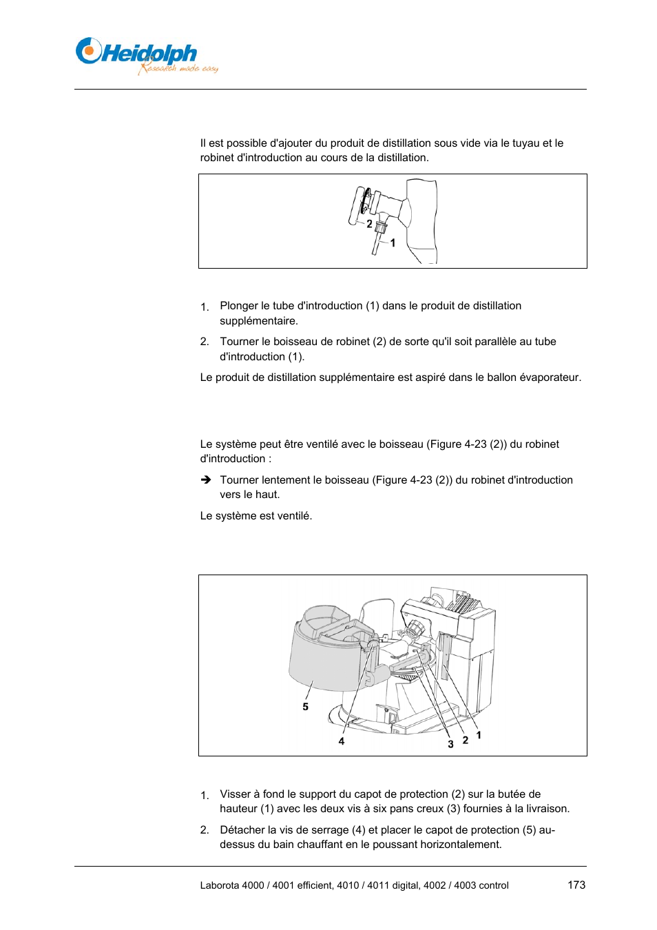 6 ajout de produit de distillation, 7 ventilation manuelle, 1 montage / raccordement des accessoires | Ajout de produit de distillation, Figure, 24 (1)) en po, Figure 4-24 | Heidolph LABOROTA 4000 up to 4003 User Manual | Page 175 / 364