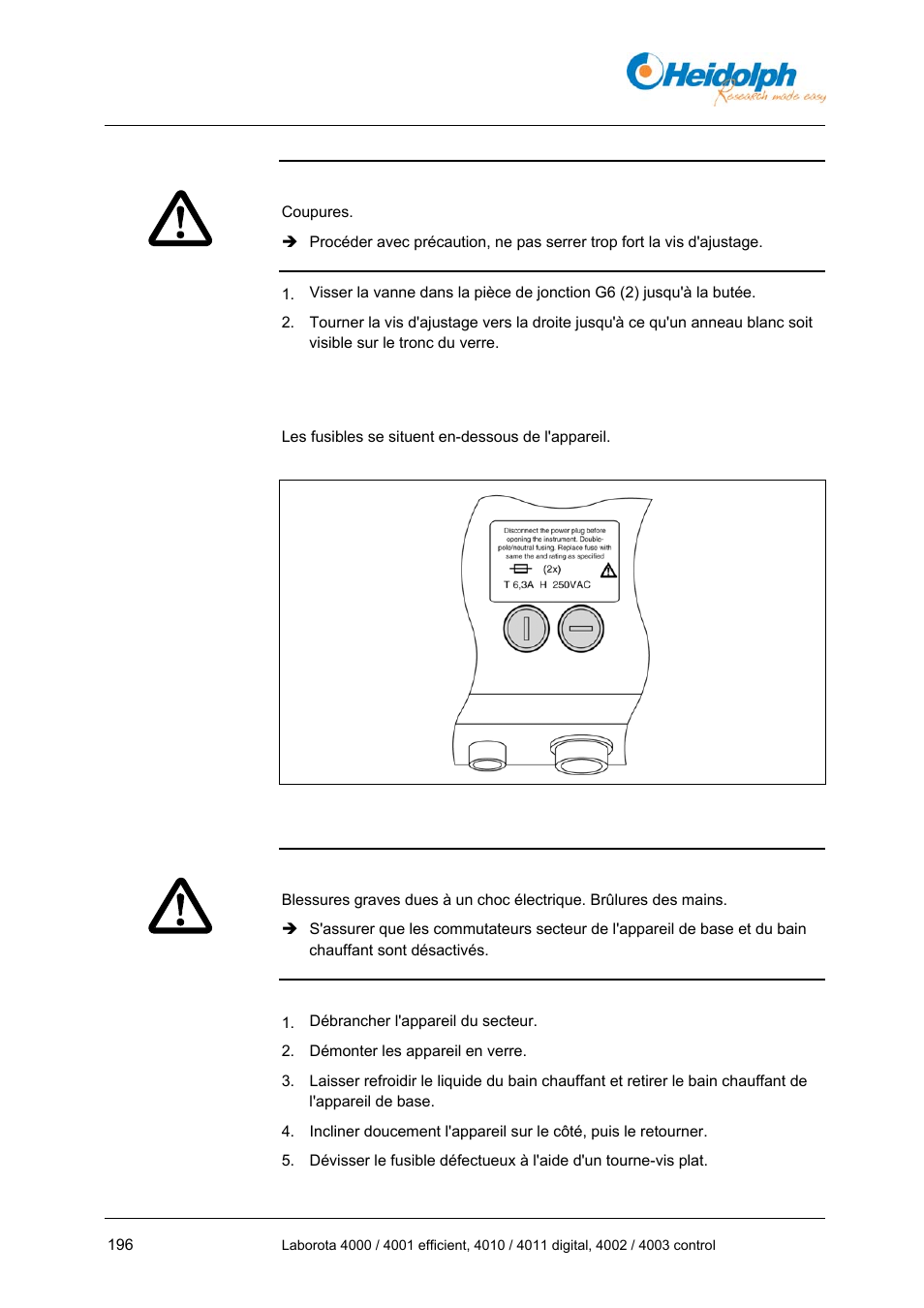 2 changement des fusibles, 2 changement, Des fusibles | Heidolph LABOROTA 4000 up to 4003 User Manual | Page 198 / 364