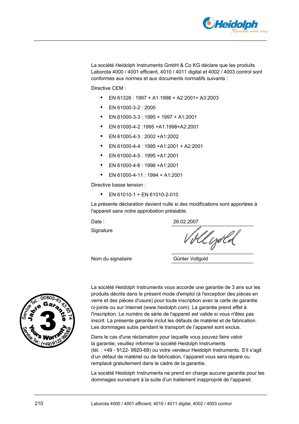 4 déclaration de conformité ue, 5 déclaration de garantie, 4 déclaration | De conformité ue, 5 déclaration, De garantie | Heidolph LABOROTA 4000 up to 4003 User Manual | Page 212 / 364