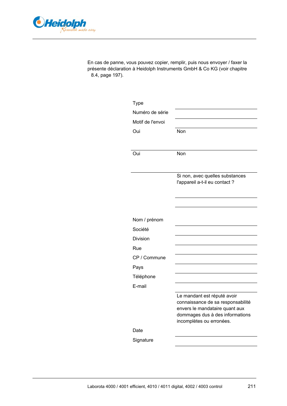 6 déclaration de non-opposition, 6 déclaration, De non-opposition | Heidolph LABOROTA 4000 up to 4003 User Manual | Page 213 / 364