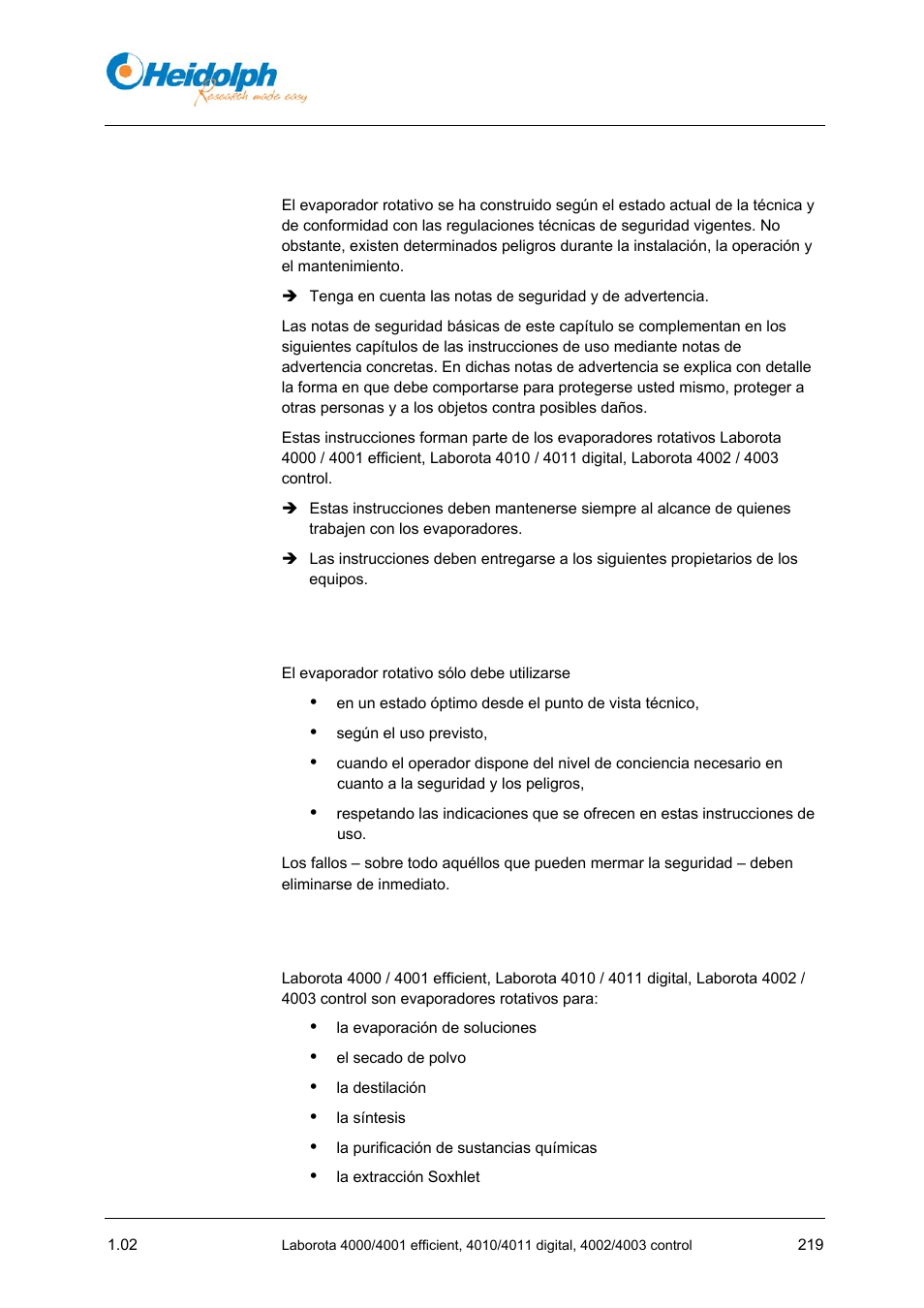 2 notas de seguridad básicas, 1 notas de seguridad generales, 2 uso previsto | Notas de seguridad básicas, Notas de seguridad generales, 2 uso, Previsto, Pítulo | Heidolph LABOROTA 4000 up to 4003 User Manual | Page 221 / 364