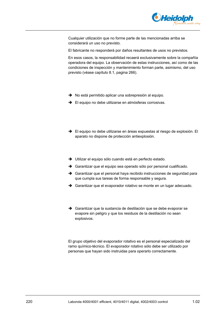 3 utilizaciones prohibidas, 5 obligaciones de la compañía operadora, 6 obligación de los operadores del equipo | 7 cualificación del personal, 5 obligaciones, Compañía operadora, Obligación de los operadores del equipo | Heidolph LABOROTA 4000 up to 4003 User Manual | Page 222 / 364