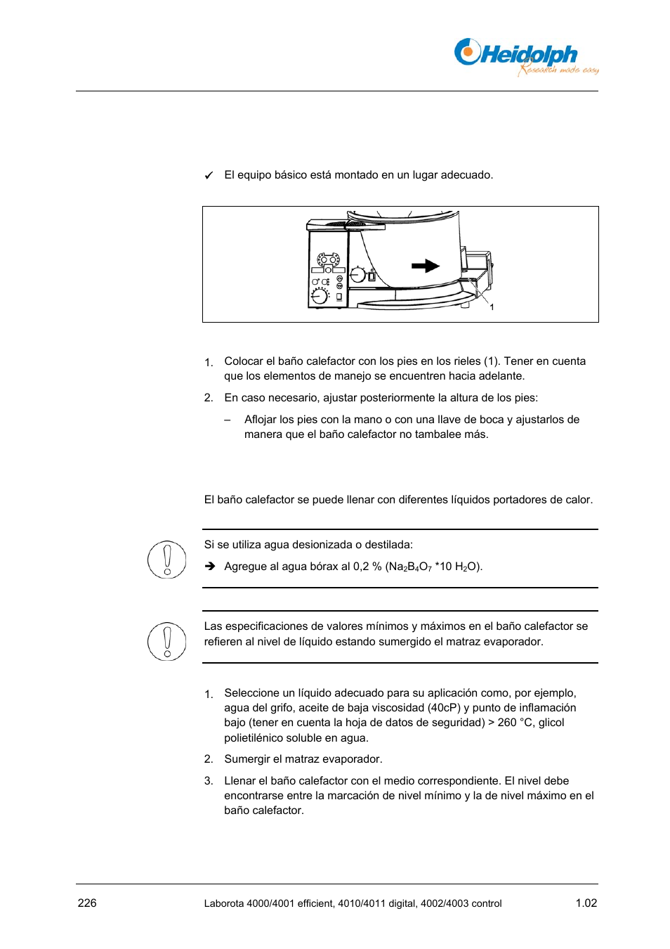 4 puesta en funcionamiento, 1 colocar el baño calefactor, 2 llenar el baño calefactor | Puesta en funcionamiento, 1 colocar, Baño calefactor, 2 llenar | Heidolph LABOROTA 4000 up to 4003 User Manual | Page 228 / 364